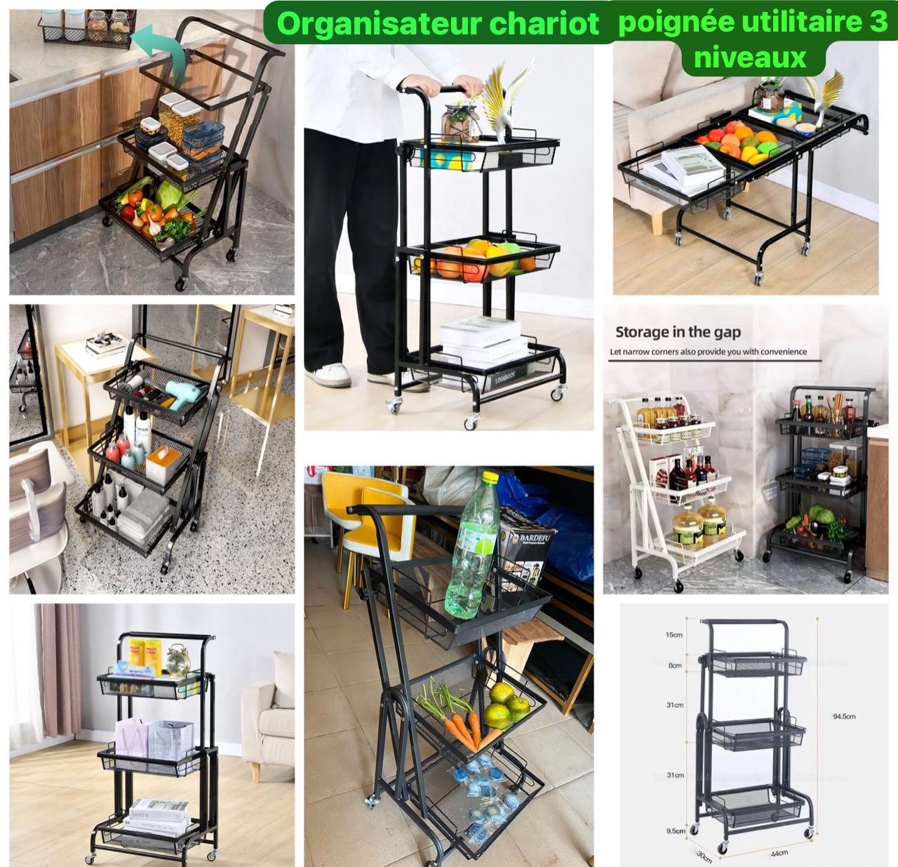 Organisateur chariot de rangement avec poignée utilitaire oblique 3 niveaux stockage  roulant