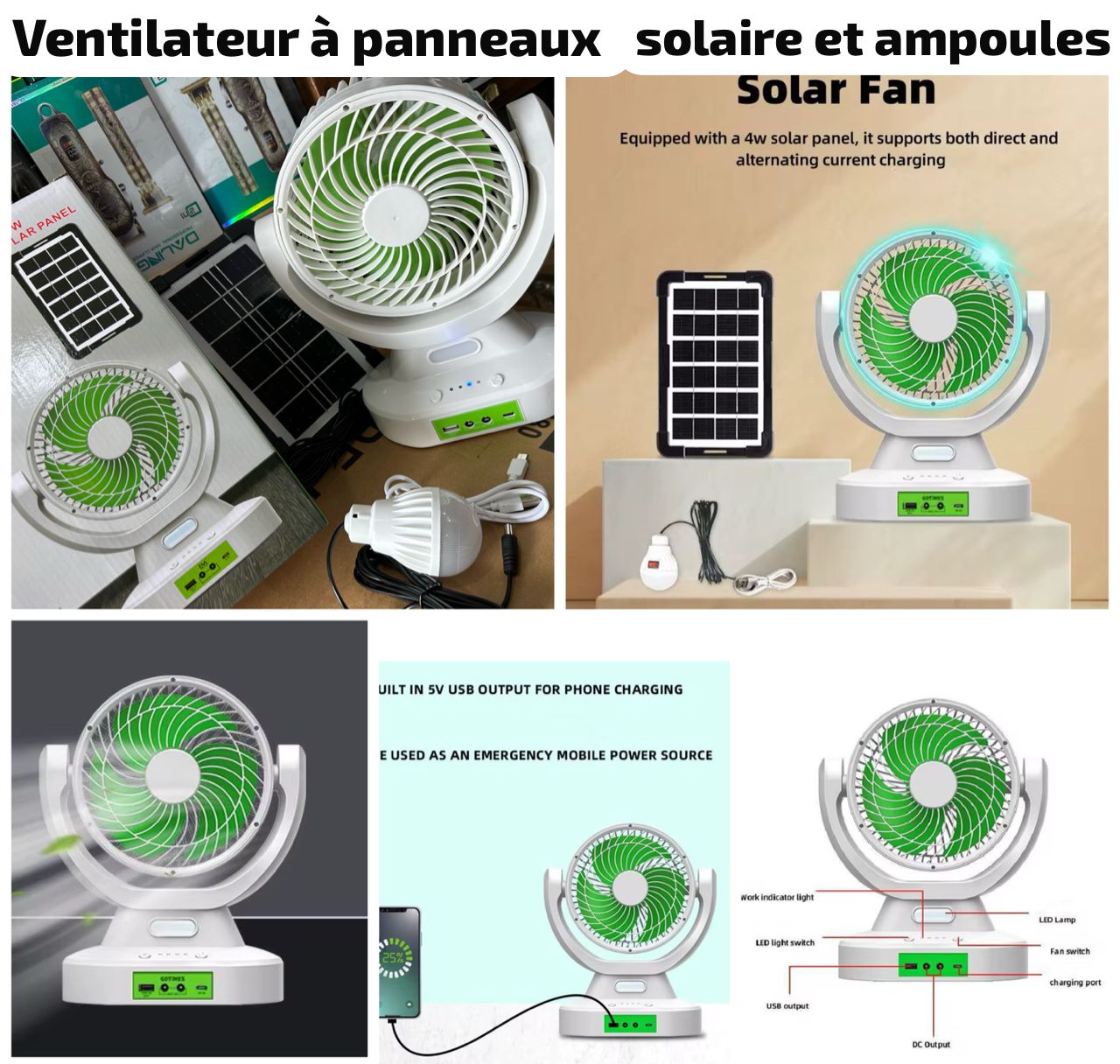 Blanc Ventilateur à panneaux solaires et ampoule