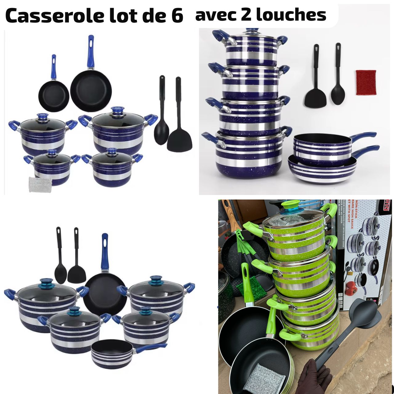 Ensemble casserole antiadhesive lot de 6 pcs avec 2 louche et éponge